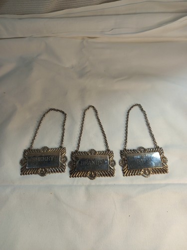 Silver Plated Decanter Lables Sherry Rum And Brandy