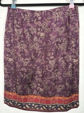 Vtg Talbots Pure Silk Wrap Lined Skirt Women 8 Burgundy Paisley Button Career