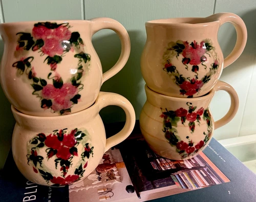 MARSHALL POTTERY TEXAS Heart Flowers 4 Hand TURNED ARTISAN MUGS Cottagecore
