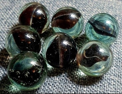 7 x Rarität schwarze Katzenaugen in getöntem Boden Glasmurmeln 19/32'' + bis 5/8'' mm