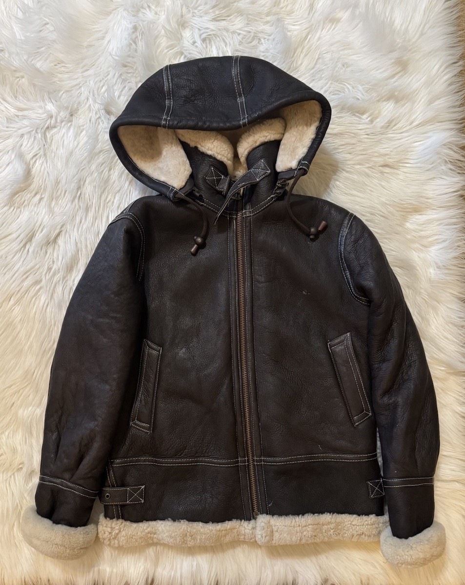 Overland Jane Sheepskin B-3 Bomber Jacket Leather Dark Brown Cream