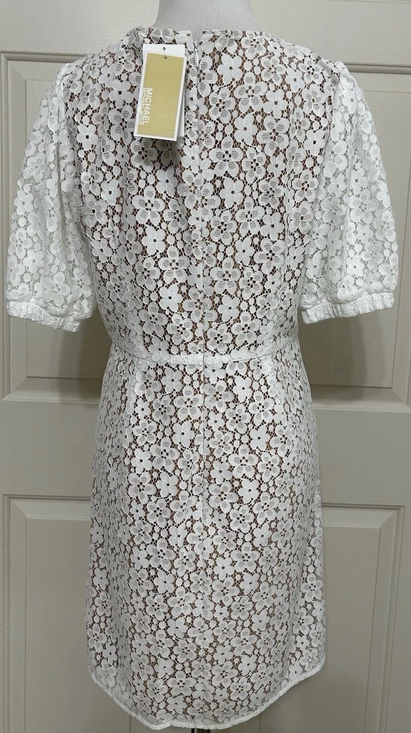 Abito donna Michael Kors taglia 8 bianco scollo a V manica corta linea A nuovo con etichette $195