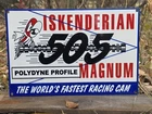 VINTAGE ISKENDERIAN PORCELAIN SIGN OLD POLYDYNE PROFILE CAMS 12"×8"