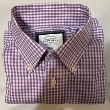 Charles Tyrwhitt Men  s Dress Shirt Classic Fit Non Iron Purple Plaid Size 16/34