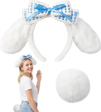 Furry Ears Headband and Tail Set, Plush Bunny Ears Headband and Tail Costume, Lo