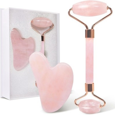 Rosenquarz Roller und Gua Sha Stein, Natural Jade Roller for Facial Massage, ...