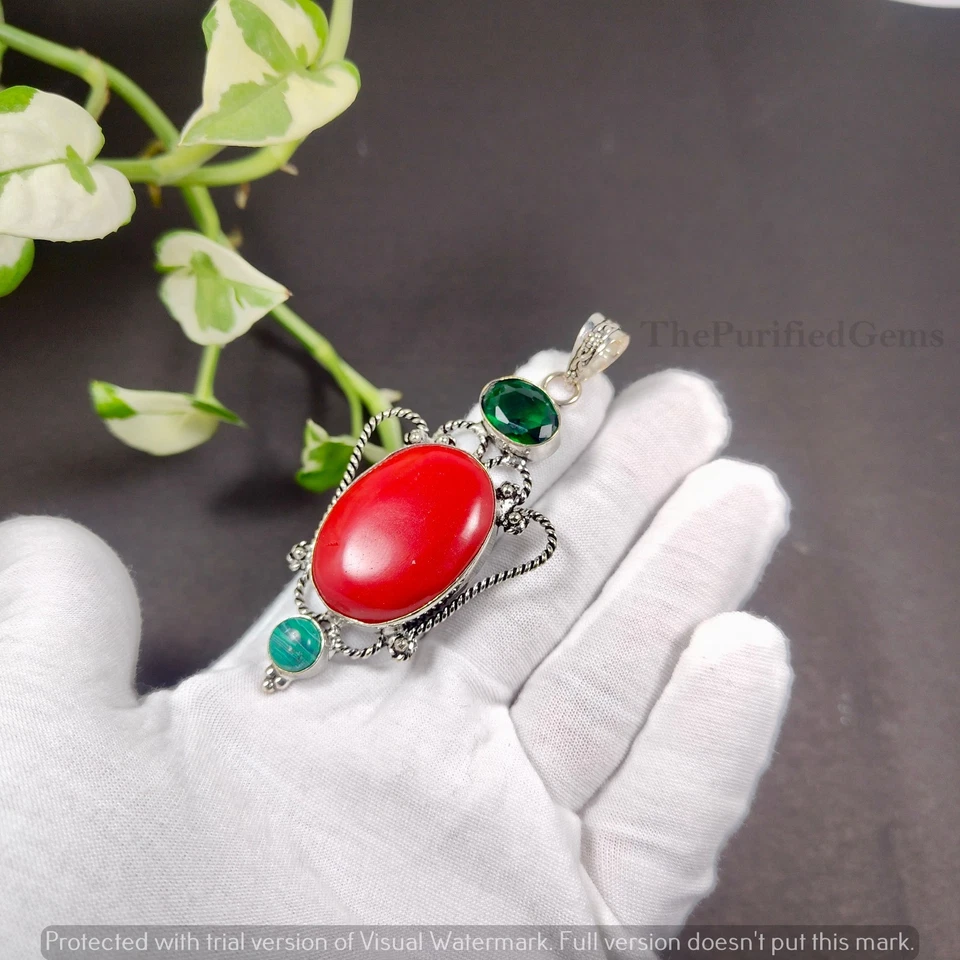 Pingente de sobreposição folheado a prata esterlina 925 com pedra preciosa coral e mistura ~Joia antiga - Imagem 3 de 4