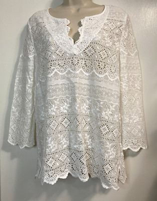 Gerard Darel White Cotton Eyelet Tunic Blouse Size 40 Top Boho Cottage Beachy 