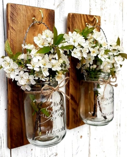 WOODEN WALL MOUNTED FLOWER JAR 2 GLASS MASON CANDLE HOLDERS LANTERN RUSTIC WOOD