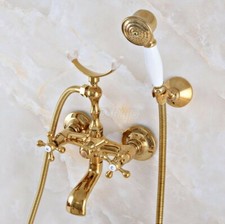 Polished Gold Brass Clawfoot Bath Tub Faucet W/Hand Shower Mixer Tap Wall Mount