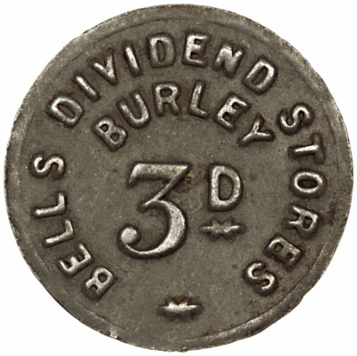 Rare: Burley in Wharfedale ~ Bell's Dividend Stores ~ 3d Bracteate Tokens