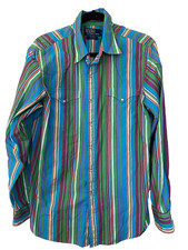 Polo Ralph Lauren Western Shirt Mens Large Blue Multi Stripe Pearl Snap Vintage