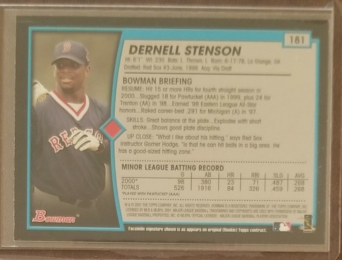 2001 Bowman Gold #181 Dernell Stenson Boston Red Sox Baseball Card - 第 2/2 張圖片