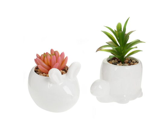 Wind & Weather Set of 2 Animal Faux Succulent Planters 1 Bunny 1 Turtle - Picture 1 of 3