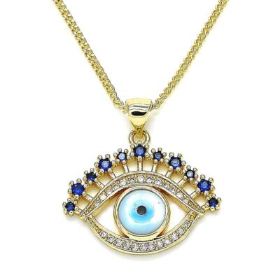 14K GOLD PLATED EVIL EYE W/WHITE MICROPAVE & BLUE SAPHIRE CZ & 18'' CHAIN LM256