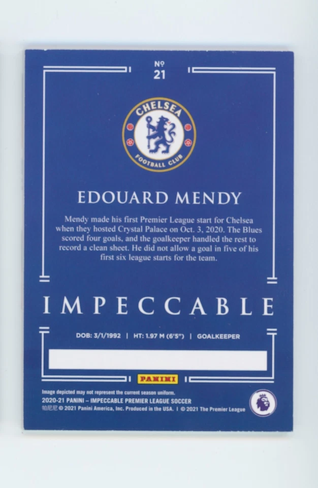 2020-21 Edouard Mendy Panini Impeccable Silver Chelsea FC Rookie Card 5/6 - Image 2 of 3