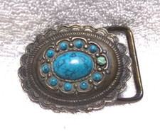 Oval Art Deco Engraved Buckle Turquoise Color Center Edge Great Vintage  