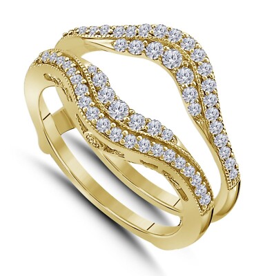 Natural Moissanite Enhancer Ring Guard Wedding Band Yellow Gold Plated Silver