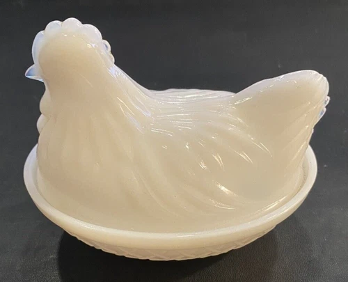 Vintage Small Milk White Glass Hen In Basket Nest Candy Dish 4 1/2 Inch long