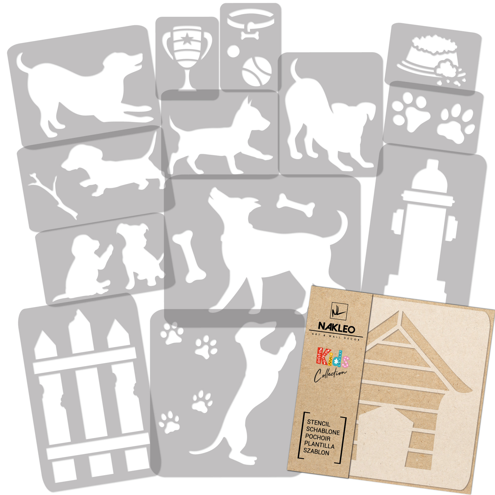 14 Pochoirs Chiens en Plastique Réutilisables de 8 à 34 cm
