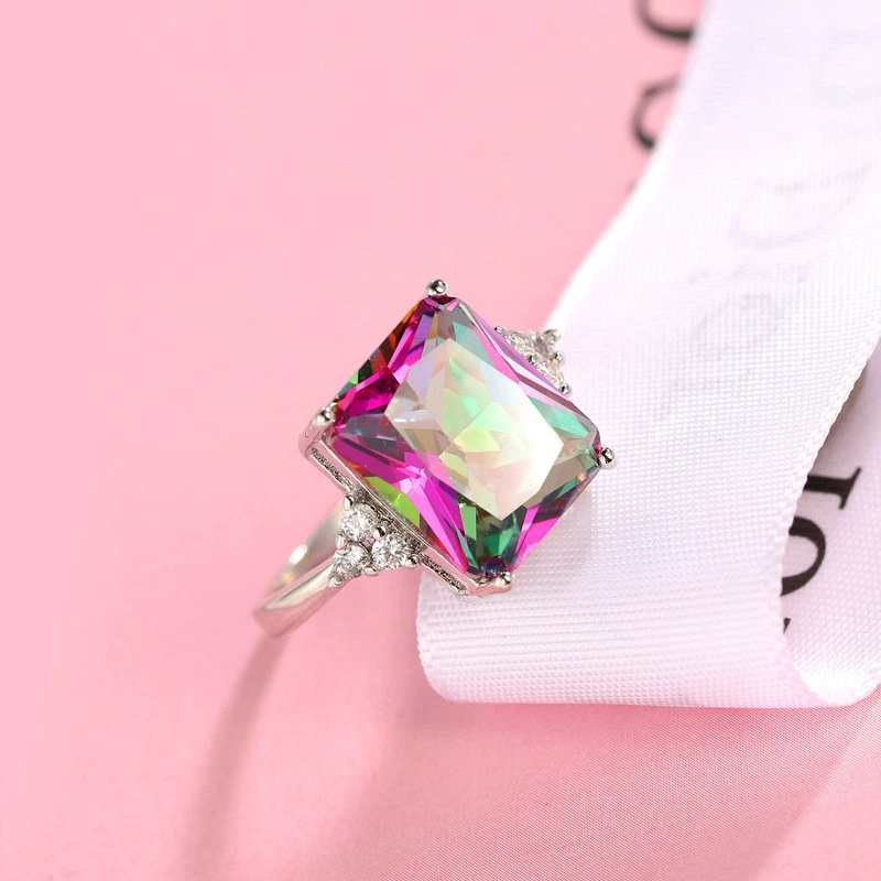 16.5 Cts Huge Rectangle Rainbow Mystic Fire Topaz Gemstone Silver Ring Sz 6-10 - Image 4 of 4
