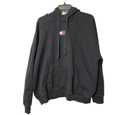 Tommy Hilfiger Jeans Black Kangaroo Pockets Hoodie Drawstring Men's Sweatshirt L