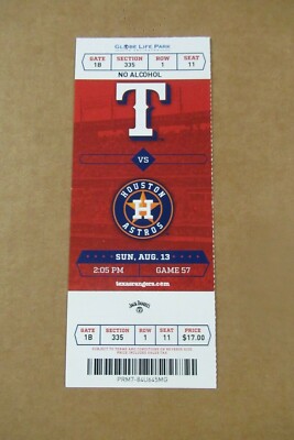 RANGERS VS ASTROS 8/13/2017 FULL TICKET ~ ADRIAN BELTRE HR (3,015TH CAREER HIT)