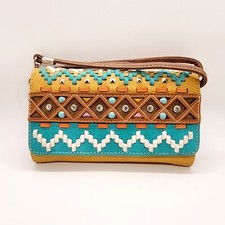 Womens Clutch Wallet Crossbody Brown and Beige Turquoise 7" With Shoulder Strap