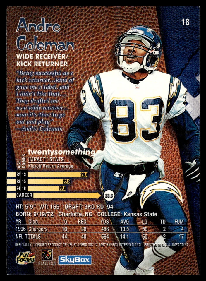 1997 SkyBox Impact #18 Andre Coleman NRMT or Better - Image 2 of 2