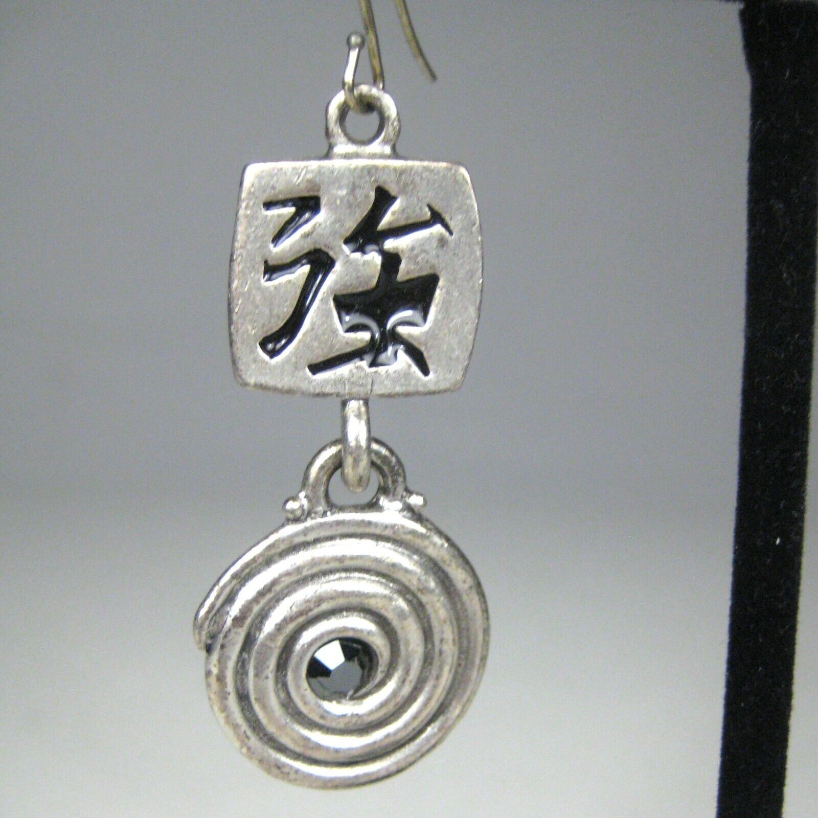 Silvertone Dangle Earrings Rhinestone Chinese Cha… - image 3