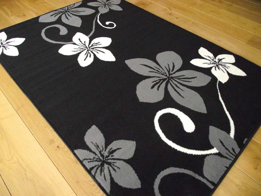 Modern New Black Rug Silver And Grey Small Extra Large Mat Carpets Floral Floor