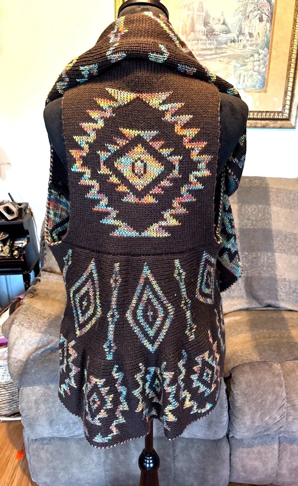 Chaleco Cárdigan Bohemio Frente Abierto Talla L Drapeado Sin Mangas Patrón Azteca Occidental Foto 4 de 4