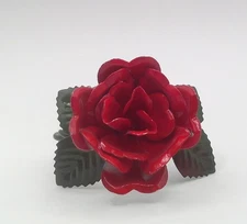 Vintage Painted Metal Toleware Napkin Ring Red Rose 2.5" Wide Made in Hong Kong