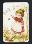 Vintage Swap Card - Cute Girl Watching Butterfly (BLANK BACK)
