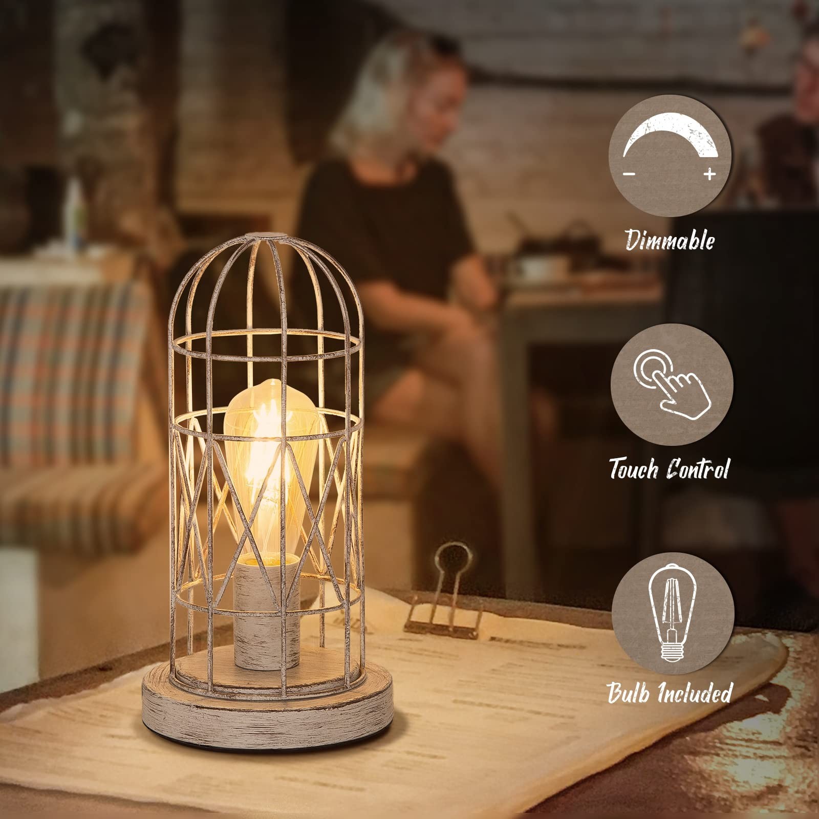 Small Table Lamp, Touch Control Table Lamp with Brushed White Oak Cage, Farmh...