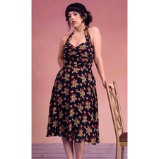 VTG Betsey Johnson Silk Butterfly Print Halter Dress Rockabilly Pinup Tea Length