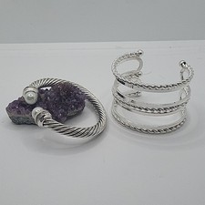 Lot of 2 Silver Tone Rope Twist Cuff Bracelets, Open, Metal, No Stone
