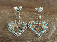 Zuni Indian Sterling Silver Turquoise Heart Post Dangle Earrings by Quam