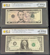 1988/2009 $1/$5 Matching Serial 00004728 2 Notes Matching PCGS Graded 65/67