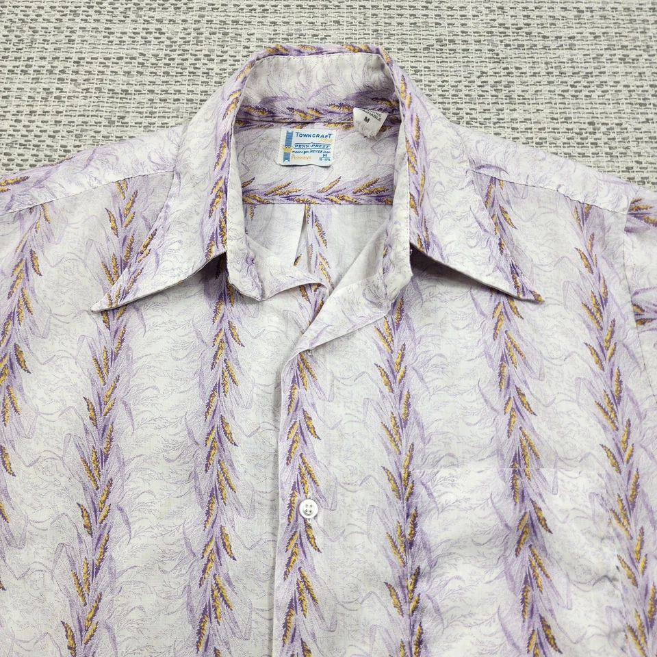 Vintage Towncraft Shirt Mens Medium Purple White Leaf Print Button Up 70s Rare Foto 4 de 4