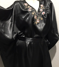 Vtg Black Satin Kaftan Nightgown Robe L XL