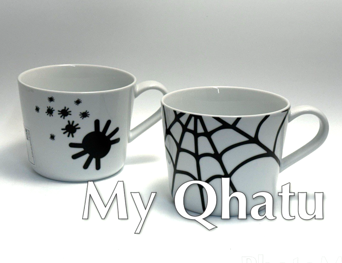 Lot of 2 IKEA KUSTFYR Coffee Mug 12oz White/Spider Spiderweb Black