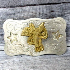 Western Saddle Stars Scroll Belt Buckle Nickel Silver Vtg 70s Chambers   .B232