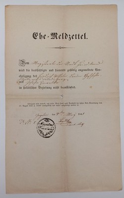 XX1170/ Alter Ehe-Meldzettl Bescheinigung Friedland Böhmen 1848