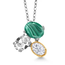 925 Silver and 10K Yellow Gold Green Malachite White Created Sapphire and White