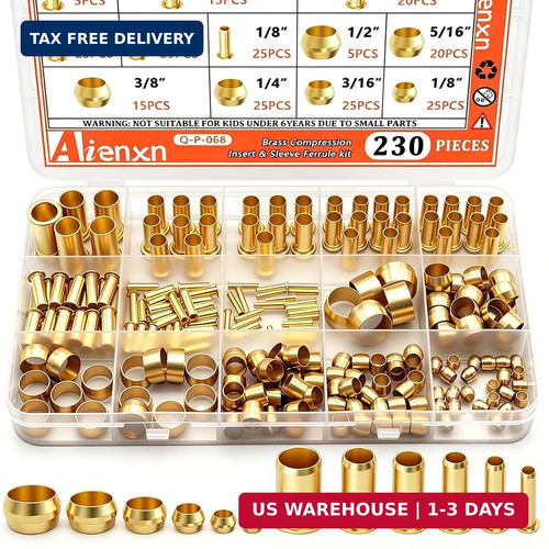 Compression Fittings Assortment kit-6 230PCS Sleeves Ferrules,Insert, Brass