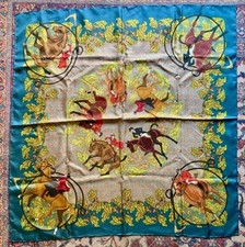 Vintage Hand-Rolled Silk Scarf Equestrian Theme 34  x 34    Excellent Condition