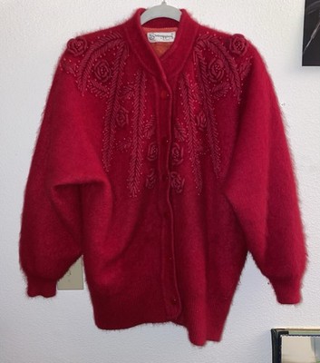 Vintage Japanese/ Korean mohair Chunky-Knit Embroidered Floral Button-Up Sweater