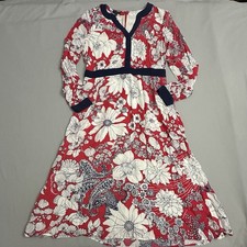 Talbots Dress Womens 2 Red White Blue Floral Knee Length Long Sleeve Fit Flare