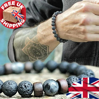 Herren Lavastein Perlen Armband 8 mm Vulkangestein & Holzperlen